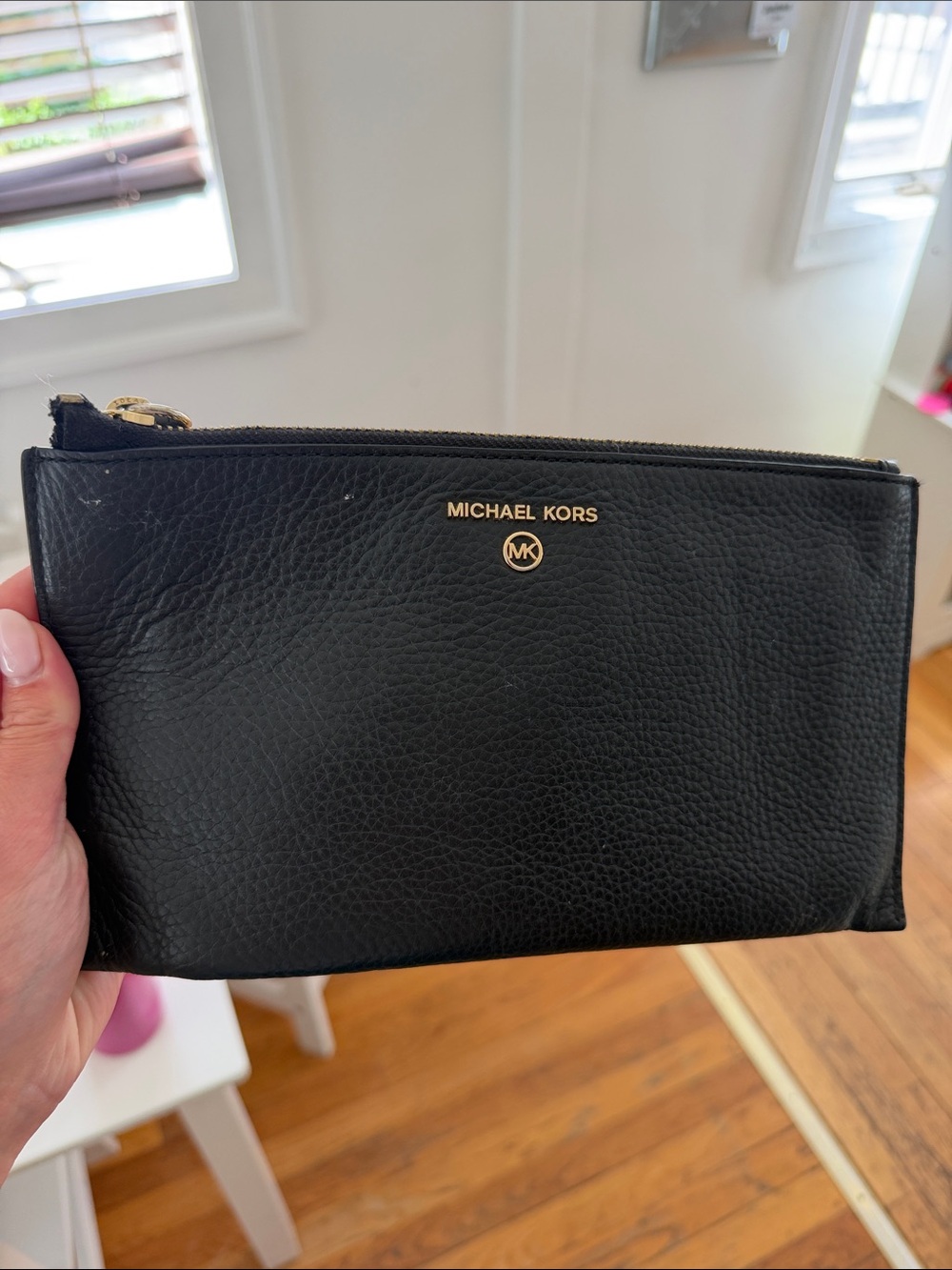 Michael Kors Black Leather Wristlet Pouch with Gold Logo